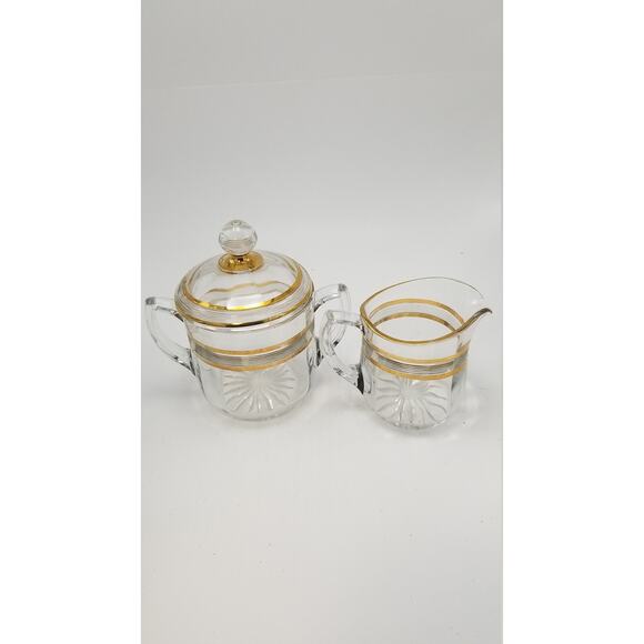 Vintage Glass Sugar Creamer, Round Butter Dish, Cheese Dome, Gold Trim  Set - Picture 3 of 7